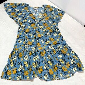 Universal Thread Dress Mini Linen Blend Blue Floral Flutter Boho Women's XSmall